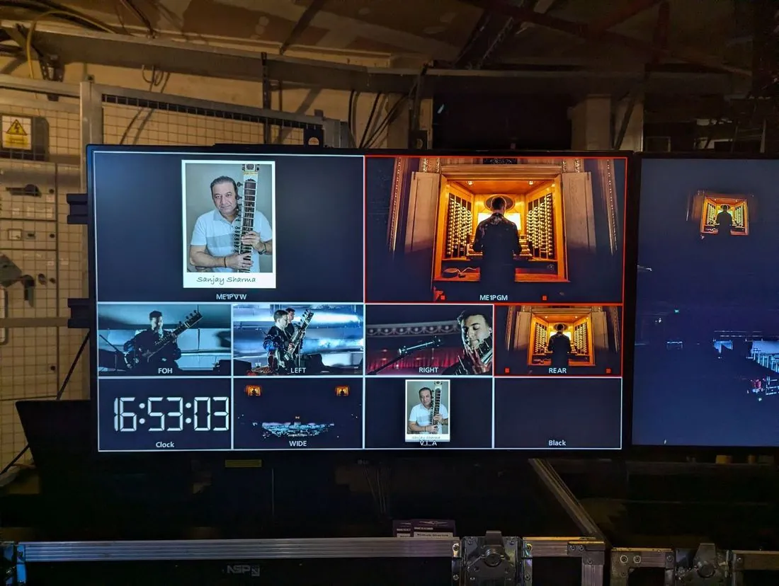 Video multiview screen backstage at the Royal Albert Hall showing camera feeds and show clock